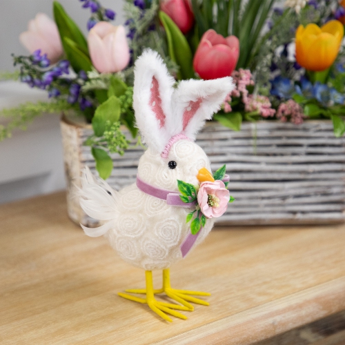 Floral Easter Chick with Polka Dot Faux Fur Rabbit Ears Figurine - 8.75"