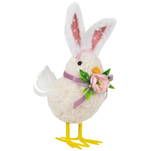 Floral Easter Chick with Polka Dot Faux Fur Rabbit Ears Figurine - 8.75"