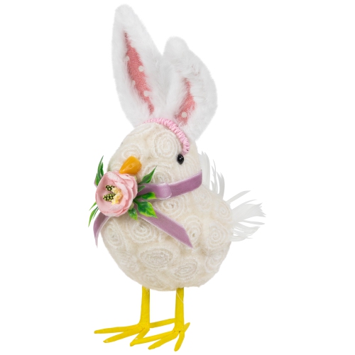 Floral Easter Chick with Polka Dot Faux Fur Rabbit Ears Figurine - 8.75"