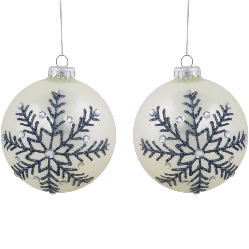 Glittered Snowflake Shiny Christmas Glass Ball Ornaments - 4" - White - Set of 2