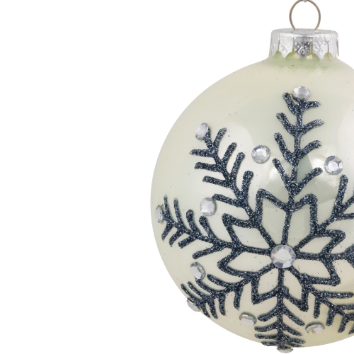 Glittered Snowflake Shiny Christmas Glass Ball Ornaments - 4" - White - Set of 2