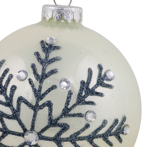 Glittered Snowflake Shiny Christmas Glass Ball Ornaments - 4" - White - Set of 2