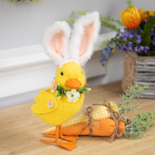 Duckling with Rabbit Ears Floral Easter Figurine - 10" - Yellow