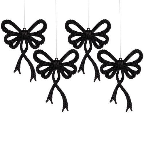 Set of 4 Black Glitter Bowtie Christmas Ornaments 6"