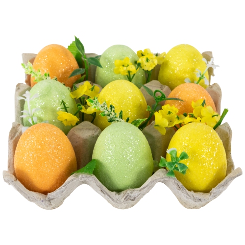 NORTHLIGHT  Glittered Easter Eggs With Carton Decoration - 6.25" - Set Of 9