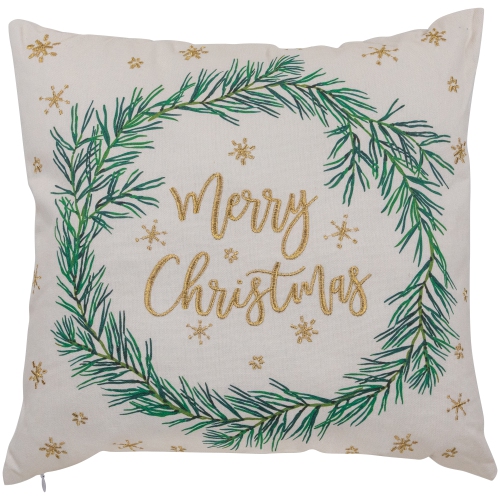 NORTHLIGHT  18" Embroidered "merry Christmas" Wreath Cotton Square Throw Pillow