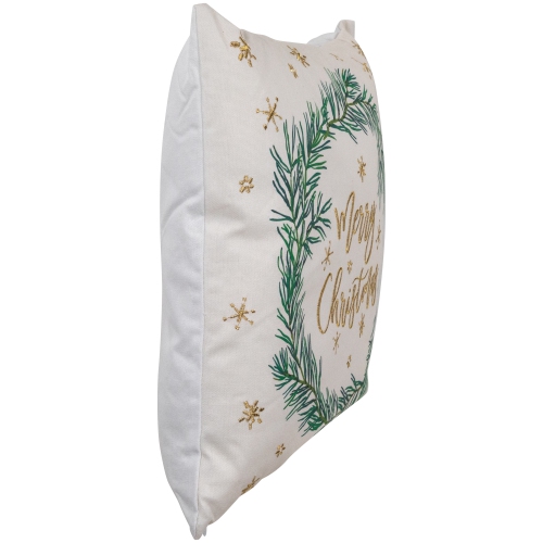18" Embroidered "Merry Christmas" Wreath Cotton Square Throw Pillow