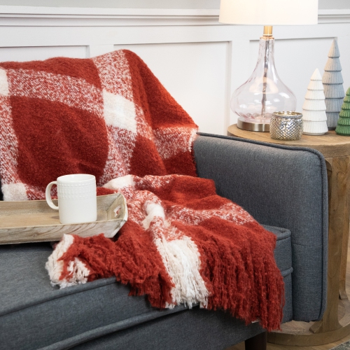 Red Plaid Woven Fringed Christmas Throw Blanket 50" x 60"