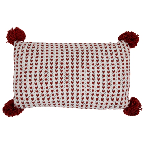 NORTHLIGHT  19.5" White And Knitted Rectangular Throw Pillow With Pom Poms In Red