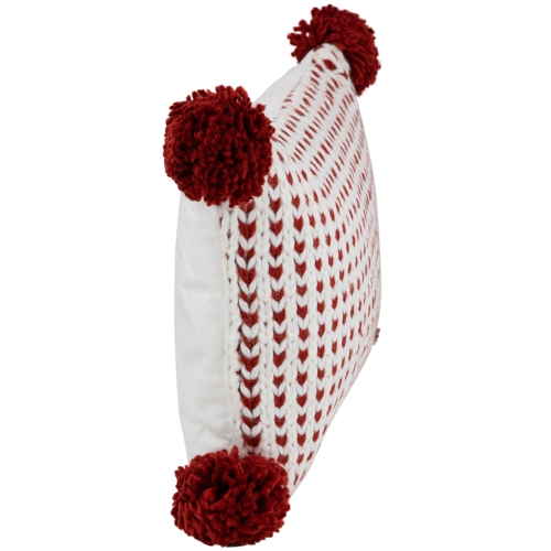 19.5" White and Red Knitted Rectangular Throw Pillow with Pom Poms