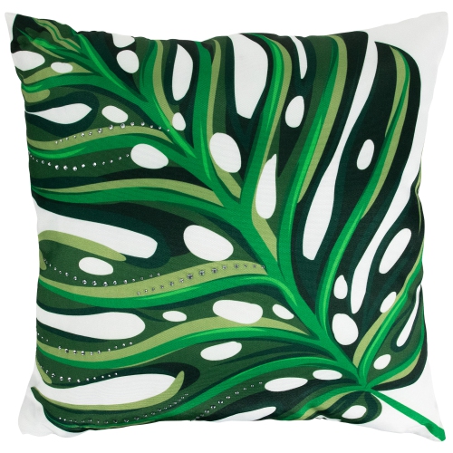 Coussin décoratif avec feuilles de palmier et pierres du Rhin - 16 po - Vert et blanc