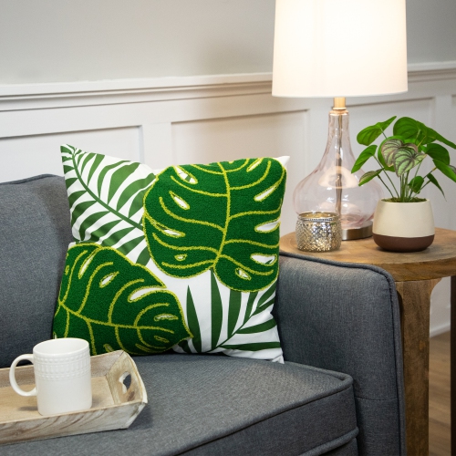 Coussin décoratif avec feuilles de palmier tropical - 16 po - Vert et blanc