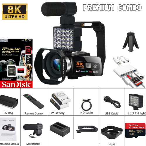 TUTT 8K Camcorder 48MP WIFI Digital Video Camera | Premium Combo | 128GB SanDisk Extreme Pro microSD | 2 Batteries