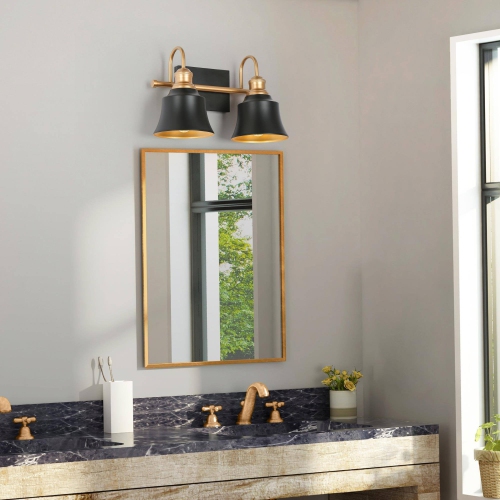 Modern Farmhouse Bathroom Vanity Light, 2-Light Black and Gold Wall Sconce with Metal Shades