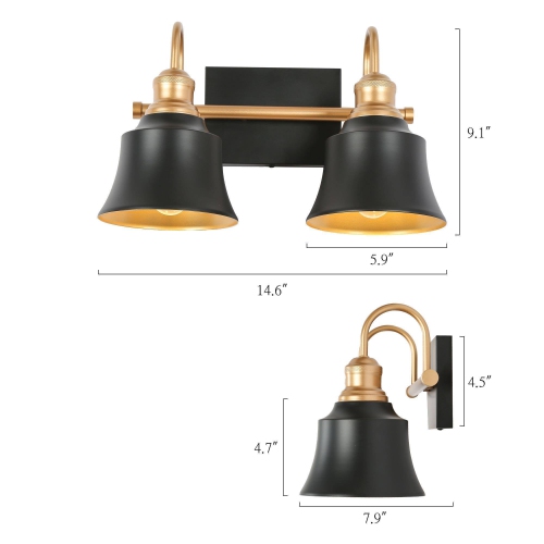 Modern Farmhouse Bathroom Vanity Light, 2-Light Black and Gold Wall Sconce with Metal Shades