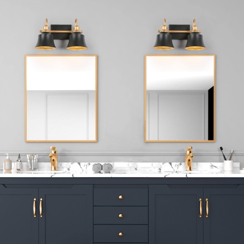 Modern Farmhouse Bathroom Vanity Light, 2-Light Black and Gold Wall Sconce with Metal Shades