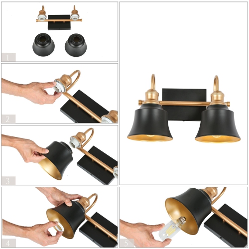 Modern Farmhouse Bathroom Vanity Light, 2-Light Black and Gold Wall Sconce with Metal Shades