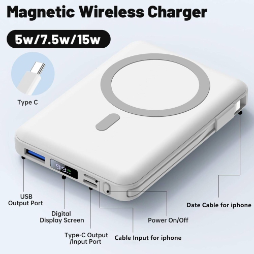 Chargeur portable magnétique sans fil, chargeur portatif 10000 mAh, recharge rapide 22,5 W PD avec écran DEL, batterie magnétique pour