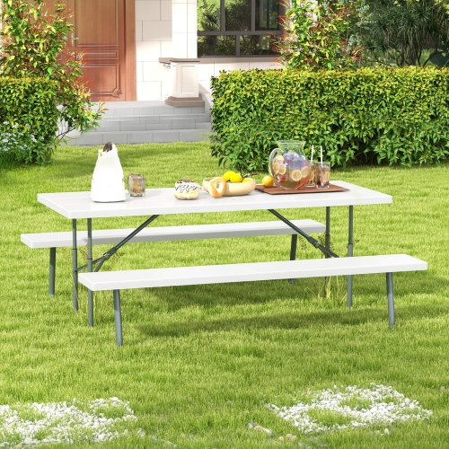 Gymax Folding Picnic Table w/ 2 Benches 6 FT Camping Table Set w/ All-Weather HDPE Tabletop White