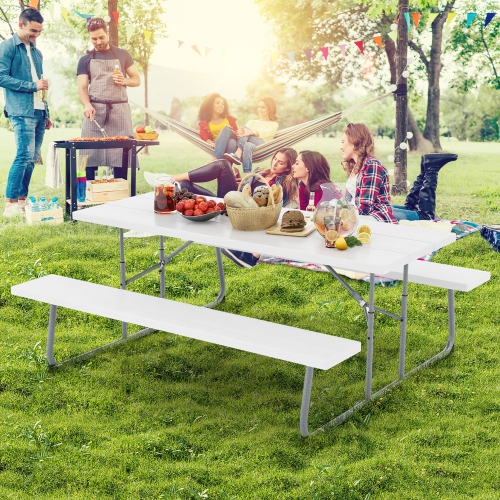 Gymax Folding Picnic Table w/ 2 Benches 6 FT Camping Table Set w/ All-Weather HDPE Tabletop White