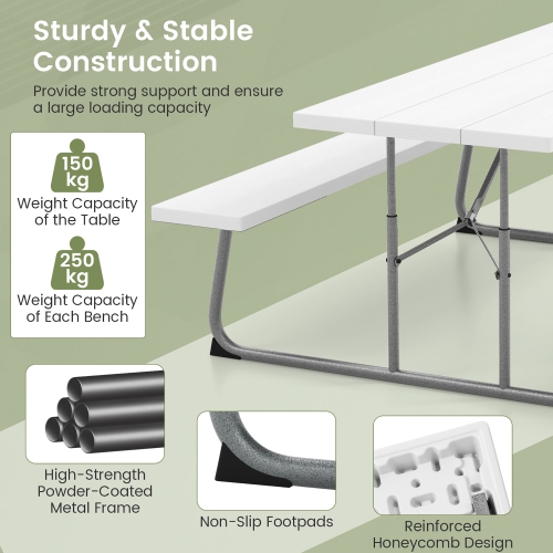 Gymax Folding Picnic Table w/ 2 Benches 6 FT Camping Table Set w/ All-Weather HDPE Tabletop White