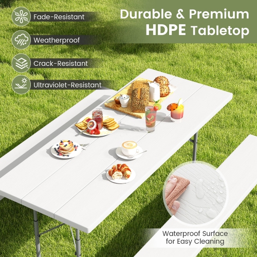 Gymax Folding Picnic Table w/ 2 Benches 6 FT Camping Table Set w/ All-Weather HDPE Tabletop White