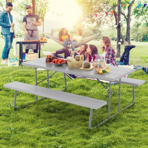 Gymax Folding Picnic Table w/ 2 Benches 6 FT Camping Table Set w/ All-Weather HDPE Tabletop Grey
