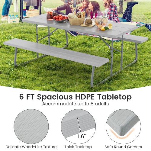 Gymax Folding Picnic Table w/ 2 Benches 6 FT Camping Table Set w/ All-Weather HDPE Tabletop Grey