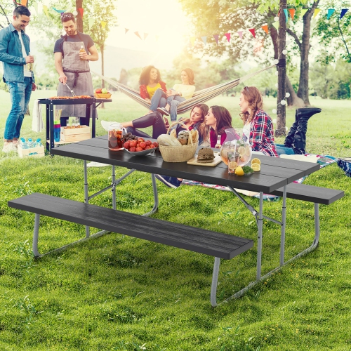 Gymax Folding Picnic Table w/ 2 Benches 6 FT Camping Table Set w/ Metal Frame
