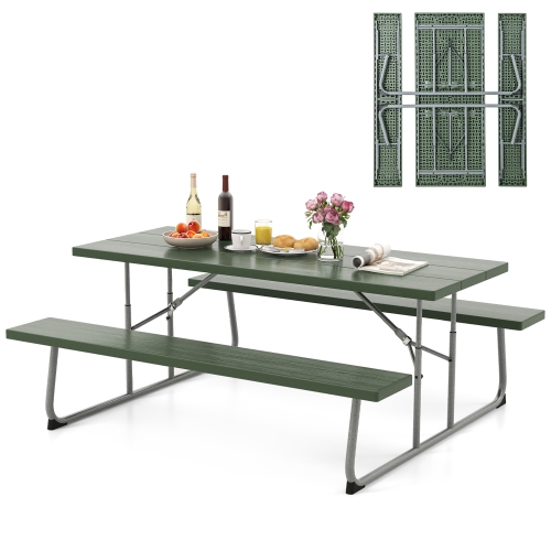 GYMAX  Folding Picnic Table W/ 2 Benches 6 Ft Camping Table Set W/ All-Weather HDpe Tabletop In Green