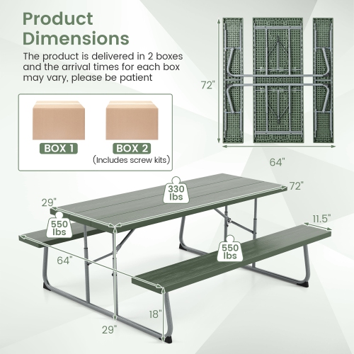 Gymax Folding Picnic Table w/ 2 Benches 6 FT Camping Table Set w/ All-Weather HDPE Tabletop Green