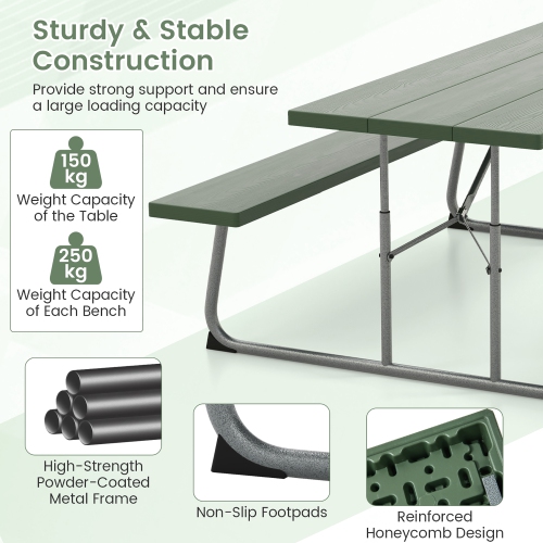 Gymax Folding Picnic Table w/ 2 Benches 6 FT Camping Table Set w/ All-Weather HDPE Tabletop Green