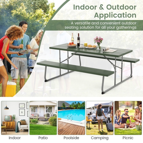 Gymax Folding Picnic Table w/ 2 Benches 6 FT Camping Table Set w/ All-Weather HDPE Tabletop Green