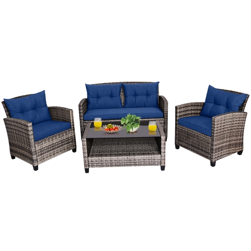 GYMAX  4PCs Rattan Furniture Set Coffee Table Cushioned Sofa Garden Lawn Patio In Navy
