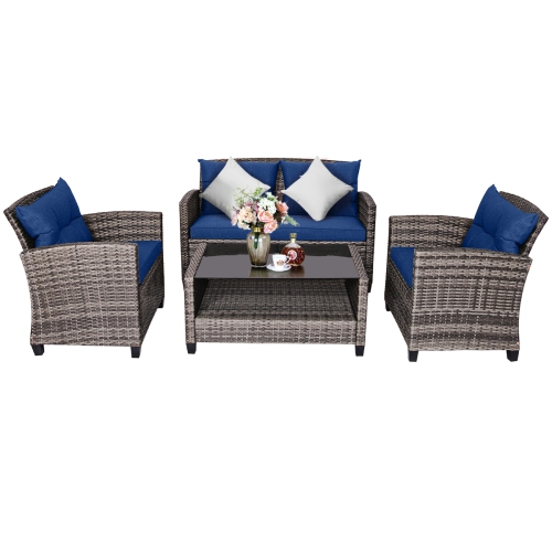 Gymax 4PCS Rattan Furniture Set Coffee Table Cushioned Sofa Garden Lawn Patio Navy