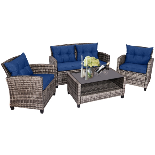 Gymax 4PCS Rattan Furniture Set Coffee Table Cushioned Sofa Garden Lawn Patio Navy