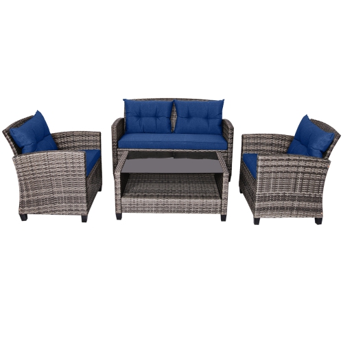 Gymax 4PCS Rattan Furniture Set Coffee Table Cushioned Sofa Garden Lawn Patio Navy
