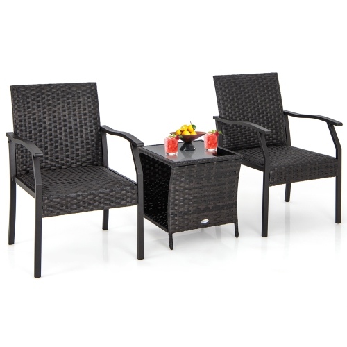 Gymax 3PCS Conversation Set All weather Wicker Chair Tempered Glass Table Quick Dry Foam Patio