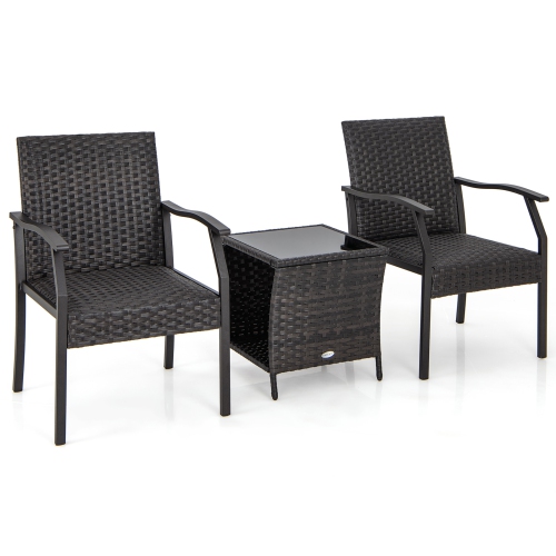 Gymax 3PCS Conversation Set All weather Wicker Chair Tempered Glass Table Quick Dry Foam Patio