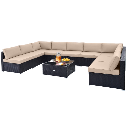 GYMAX  10PCs Rattan Furniture Set Outdoor Wicker Sofa Table Cushioned Seat Patio