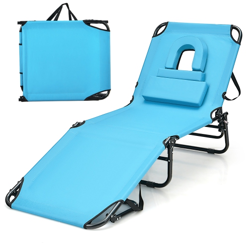 GYMAX  Beach Chaise Lounge Chair W/ 5-Position Adjustable Backrest & Face Hole Pillows