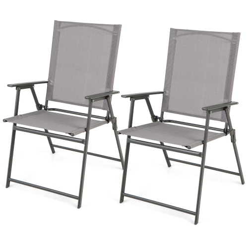 GYMAX  2PCs Folding Portable Dining Chairs Metal Frame Armrests Outdoor Patio In Grey