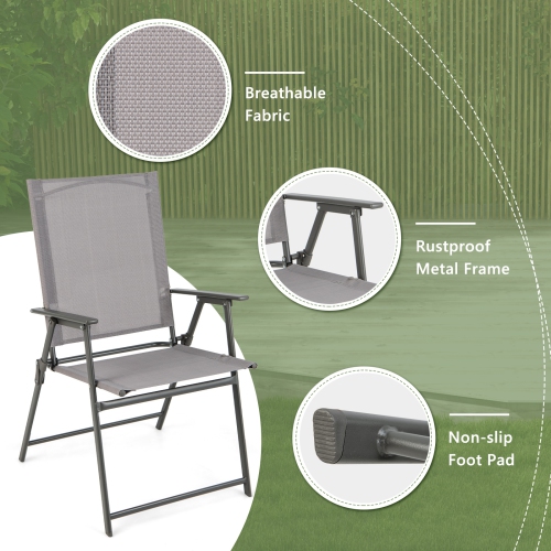 Gymax 2PCS Folding Portable Dining Chairs Metal Frame Armrests Outdoor Patio Grey