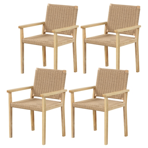 GYMAX  4PCs Chair Rubber Wood Dining Armchairs Paper Rope Woven Seat Balcony Patio