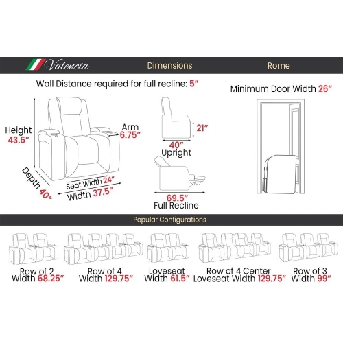 Valencia Rome Top Grain 11000 Nappa Leather Theater Seating,(Row of 4, Midnight Black)