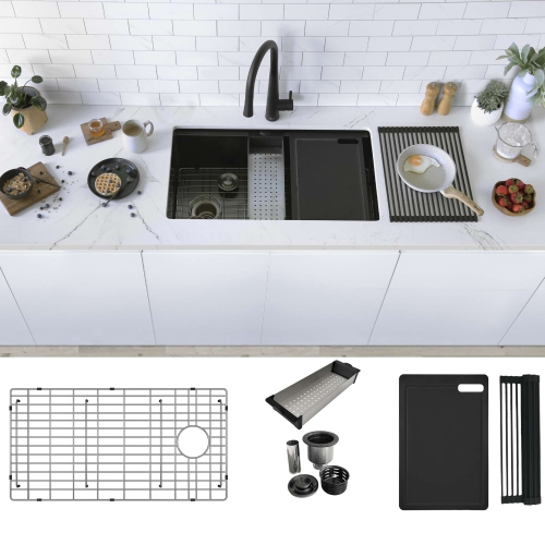 Élégant – poste de travail sous le comptoir de 33 po de calibre 16 avec évier de cuisine noir graphite et accessoires noirs S-Versa33 613WNK