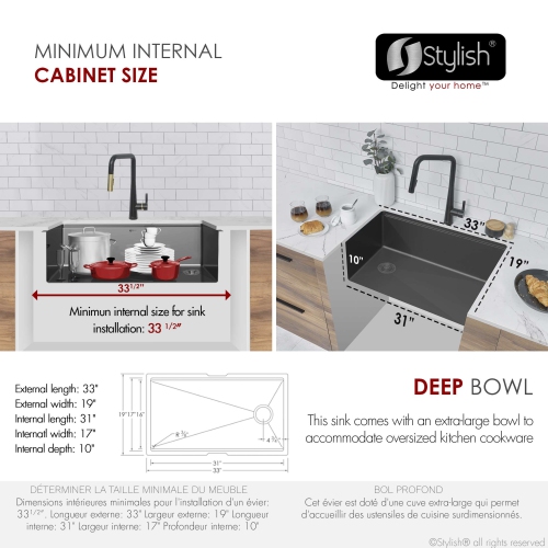 Élégant évier de cuisine Versa33 sous comptoir de 33&nbsp;po calibre 16, noir graphite, avec accessoires noirs S-613WNK