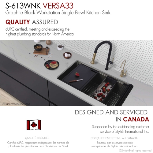 Élégant évier de cuisine Versa33 sous comptoir de 33&nbsp;po calibre 16, noir graphite, avec accessoires noirs S-613WNK