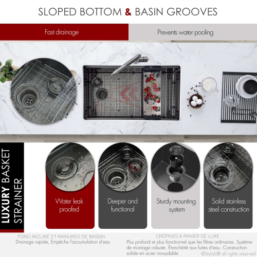 Élégant évier de cuisine Versa33 sous comptoir de 33&nbsp;po calibre 16, noir graphite, avec accessoires noirs S-613WNK