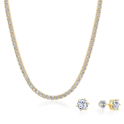 CLUB ROCHELIER  5A Cubic Zirconia Tennis Necklace And 7MM Stud Earrings Set (18K Gold) In Multicolor